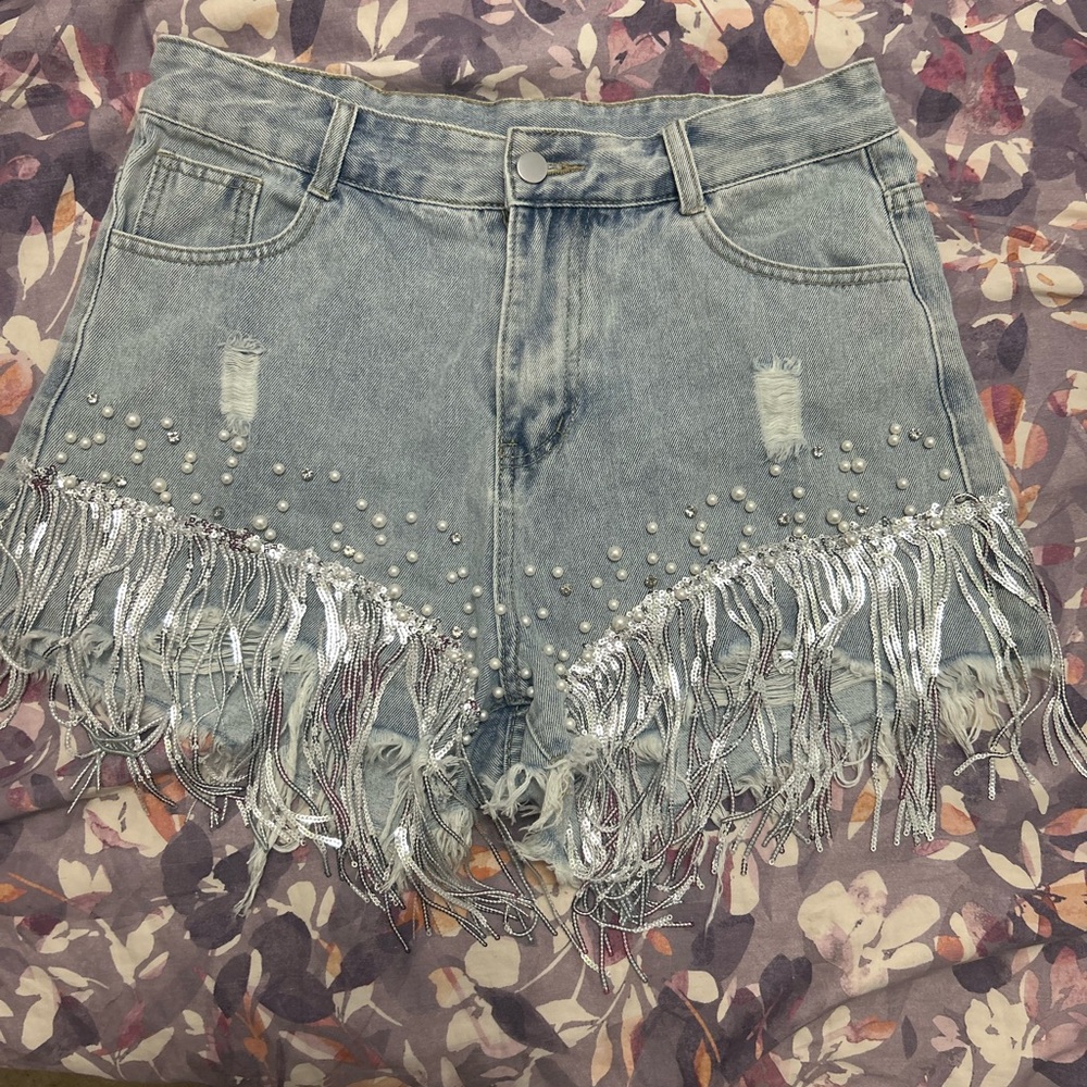 Light denim pearly silver chain shorts